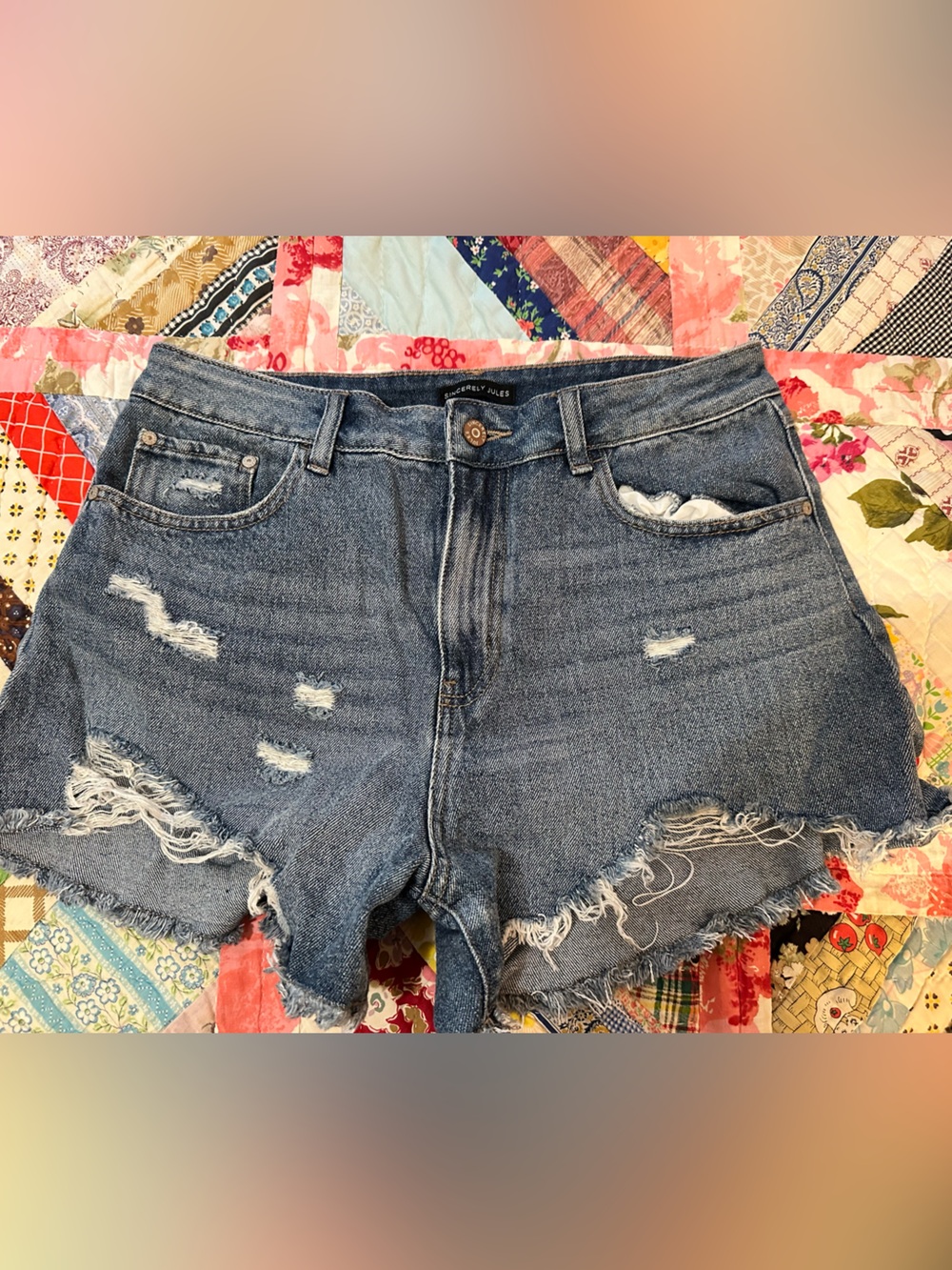 Blue Distressed Women's Denim Shorts - High-Rise Casual Style